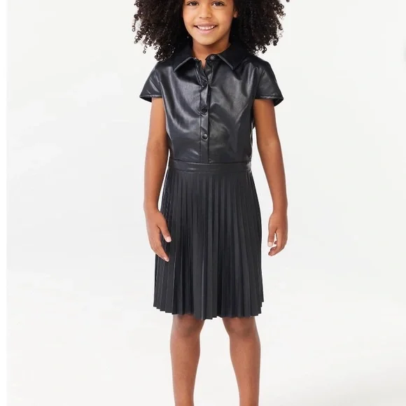 Scoop Girls Short Sleeve Pleated Faux Leather Dress, Sizes 6-6x Scoop Girls Short Sleeve Pleated Faux Leather Dress, Sizes 6-6x